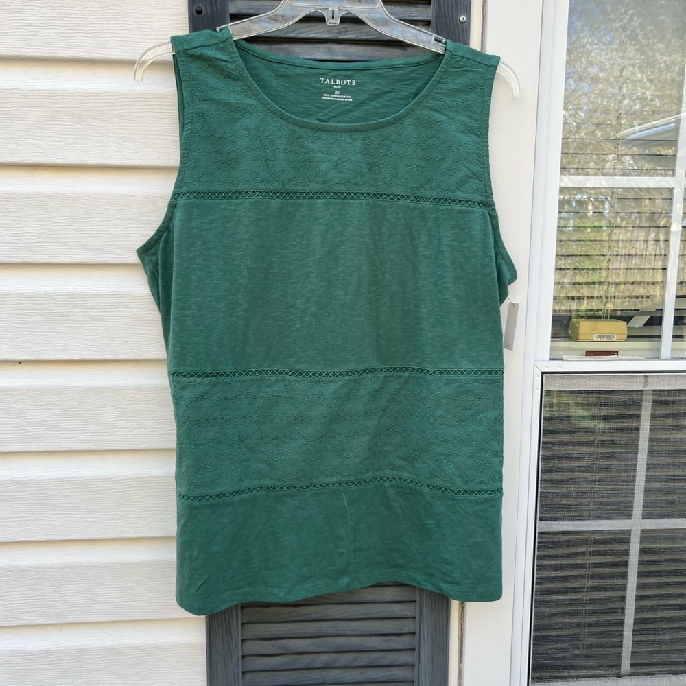 NWT Talbots Pretty Dark Green Embroidered Eyelet Striped Cotton Tank Top